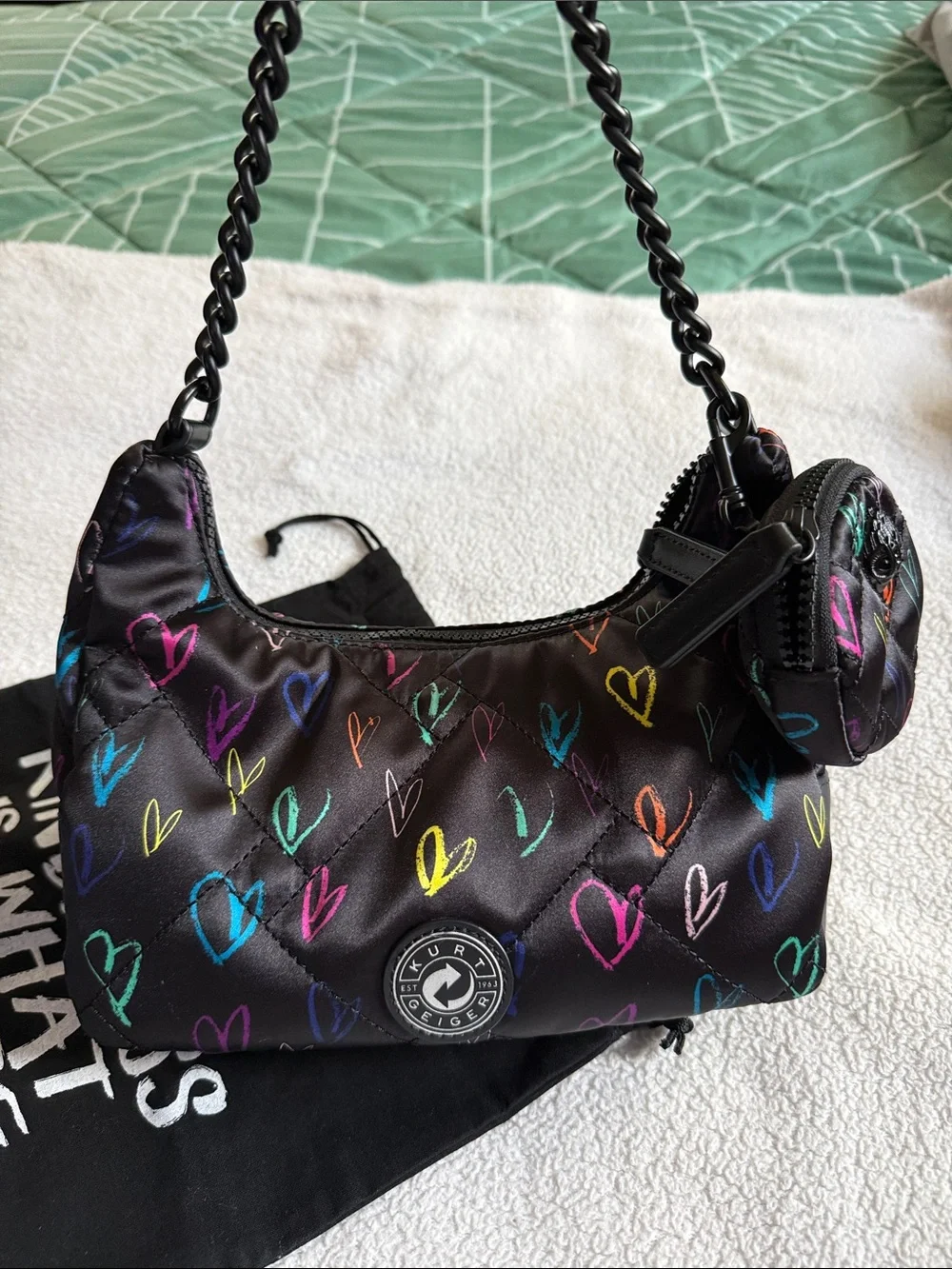 Kurt Geiger Black Quilted Shoulder Bag with Multicolor Heart Print - Picture 2 of 6